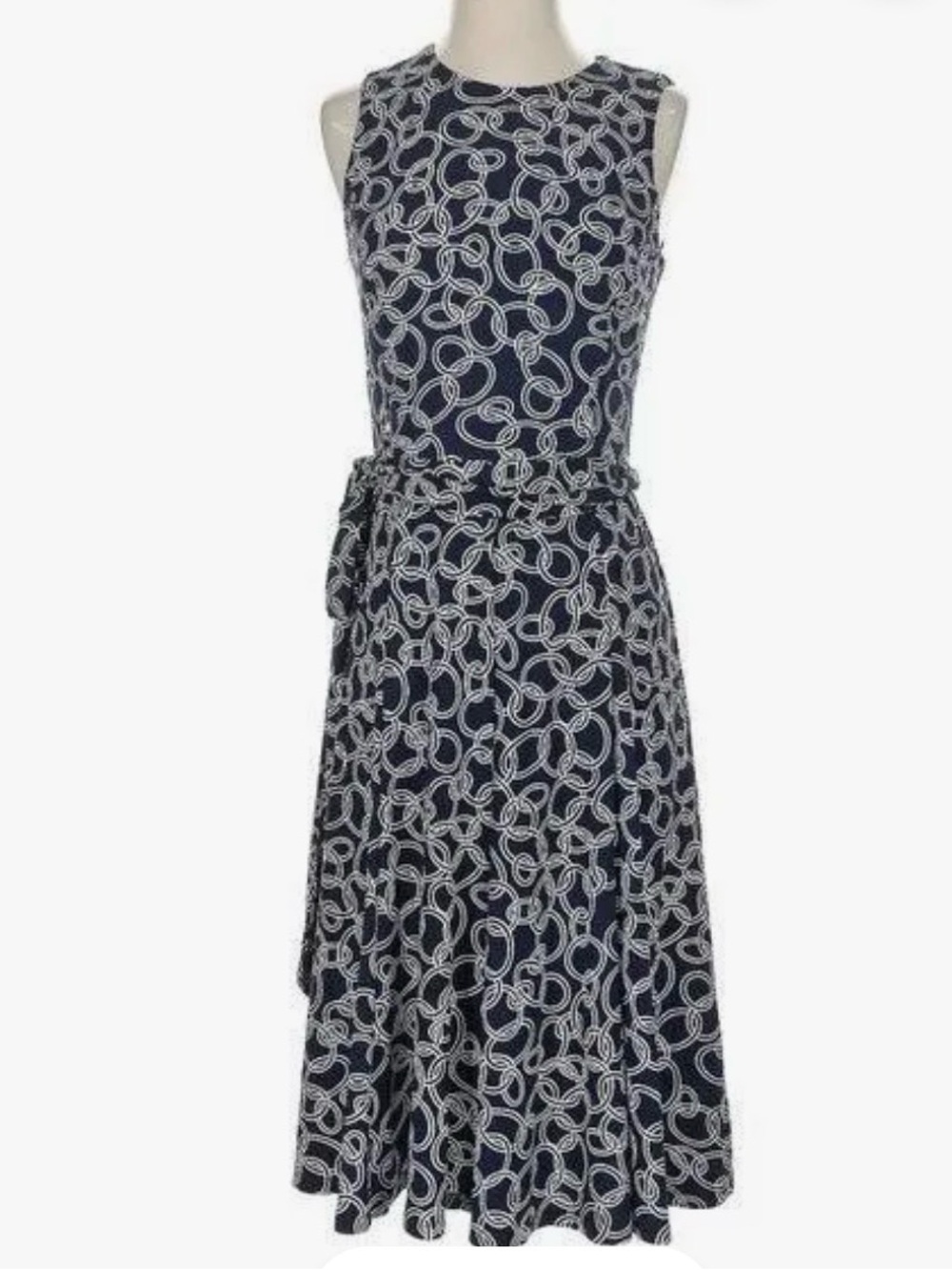 Lauren Ralph Lauren Navy Chain-Print Sleeveless Midi Dress Size 8